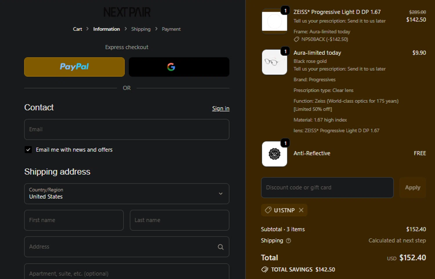 Next Pair discount code screenshot showing code u1stnp applied at Next Pair checkout page. Uploaded by SimplyCodes community member idkxxx on Nov 6, 2025