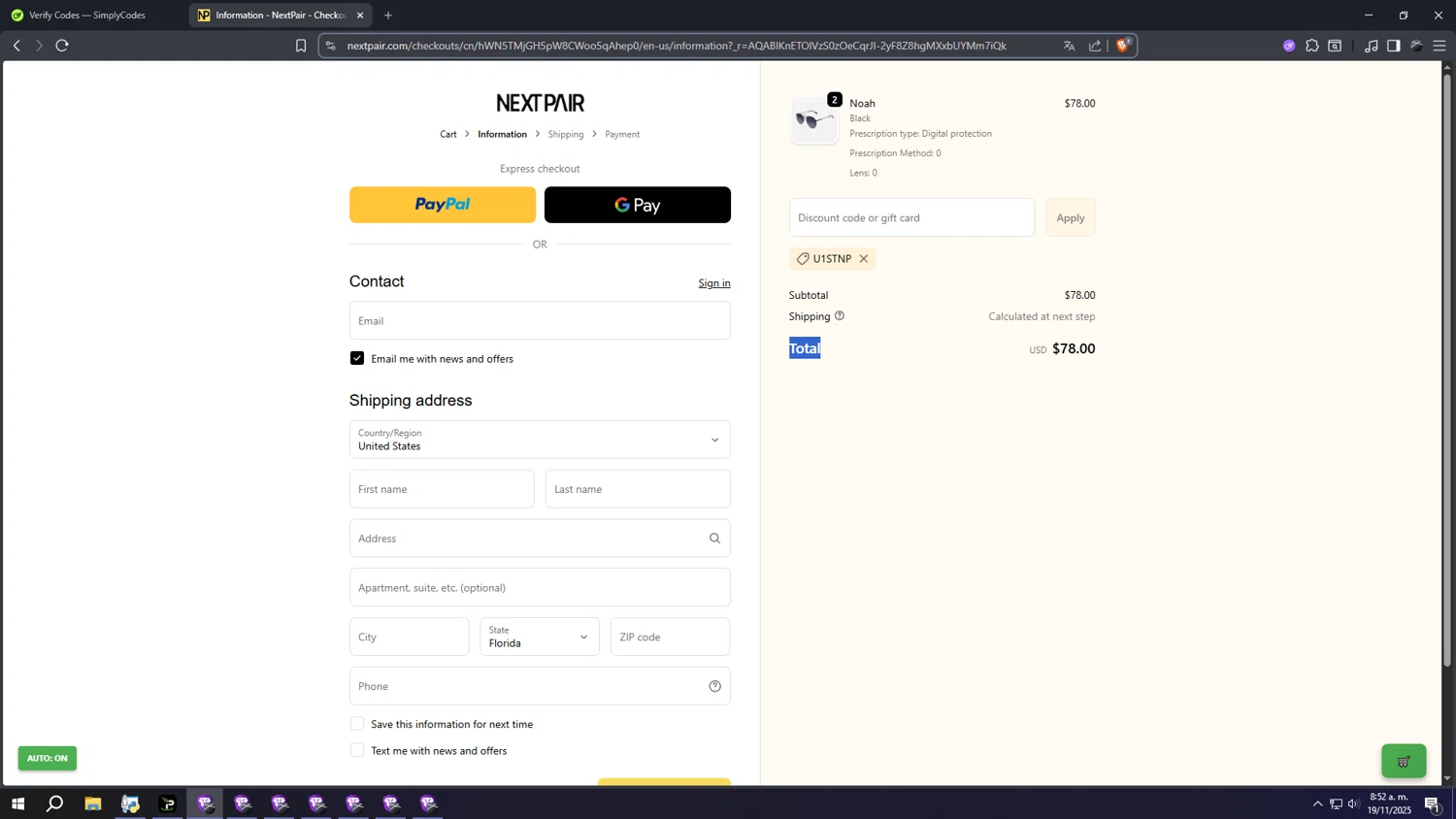 Next Pair discount code screenshot showing code u1stnp applied at Next Pair checkout page. Uploaded by SimplyCodes community member ooooooooooooooooooo on Nov 19, 2025