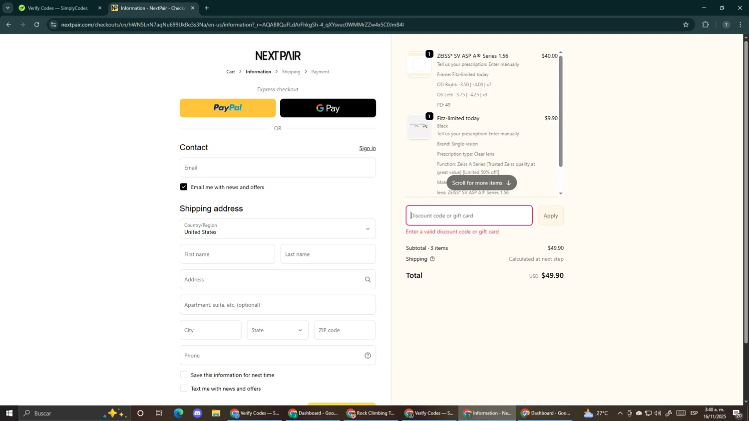 Next Pair discount code screenshot showing code DPF40 applied at Next Pair checkout page. Uploaded by SimplyCodes community member Makemusic on Nov 16, 2025