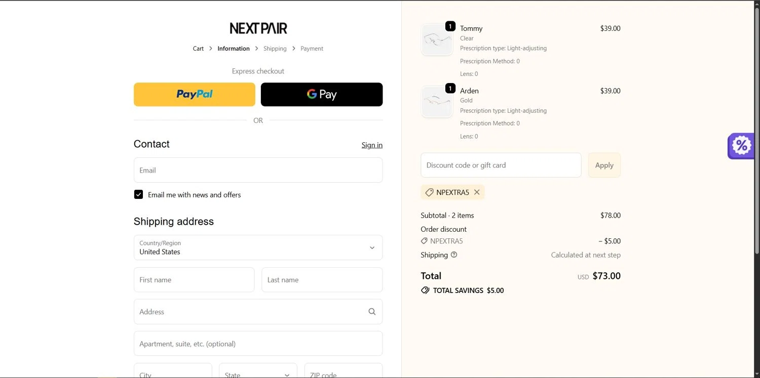 Next Pair discount code screenshot showing code NPEXTRA5 applied at Next Pair checkout page. Uploaded by SimplyCodes community member Depressive on Nov 29, 2025
