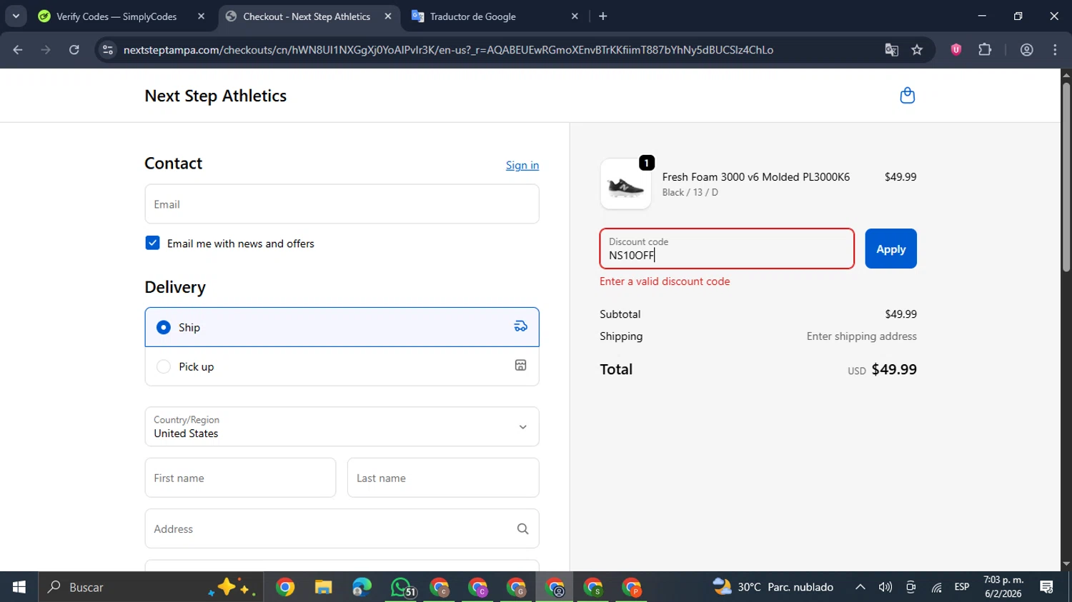 Next Step Athletics promo code screenshot showing code NS10OFF applied at Next Step Athletics checkout page. Uploaded by SimplyCodes community member GloriousDefender7889 on Feb 6, 2026