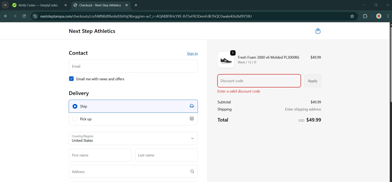 Next Step Athletics promo code screenshot showing code NS10OFF applied at Next Step Athletics checkout page. Uploaded by SimplyCodes community member MadaraUchiha07 on Feb 10, 2026