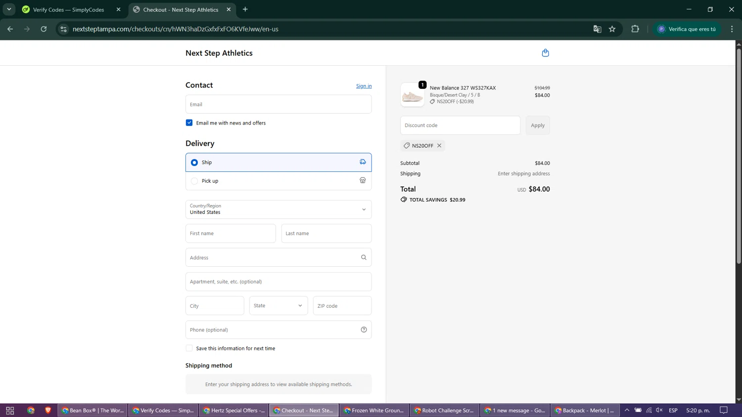 Next Step Athletics promo code screenshot showing code NS20OFF applied at Next Step Athletics checkout page. Uploaded by SimplyCodes community member MoneyExpert2102 on Oct 3, 2025