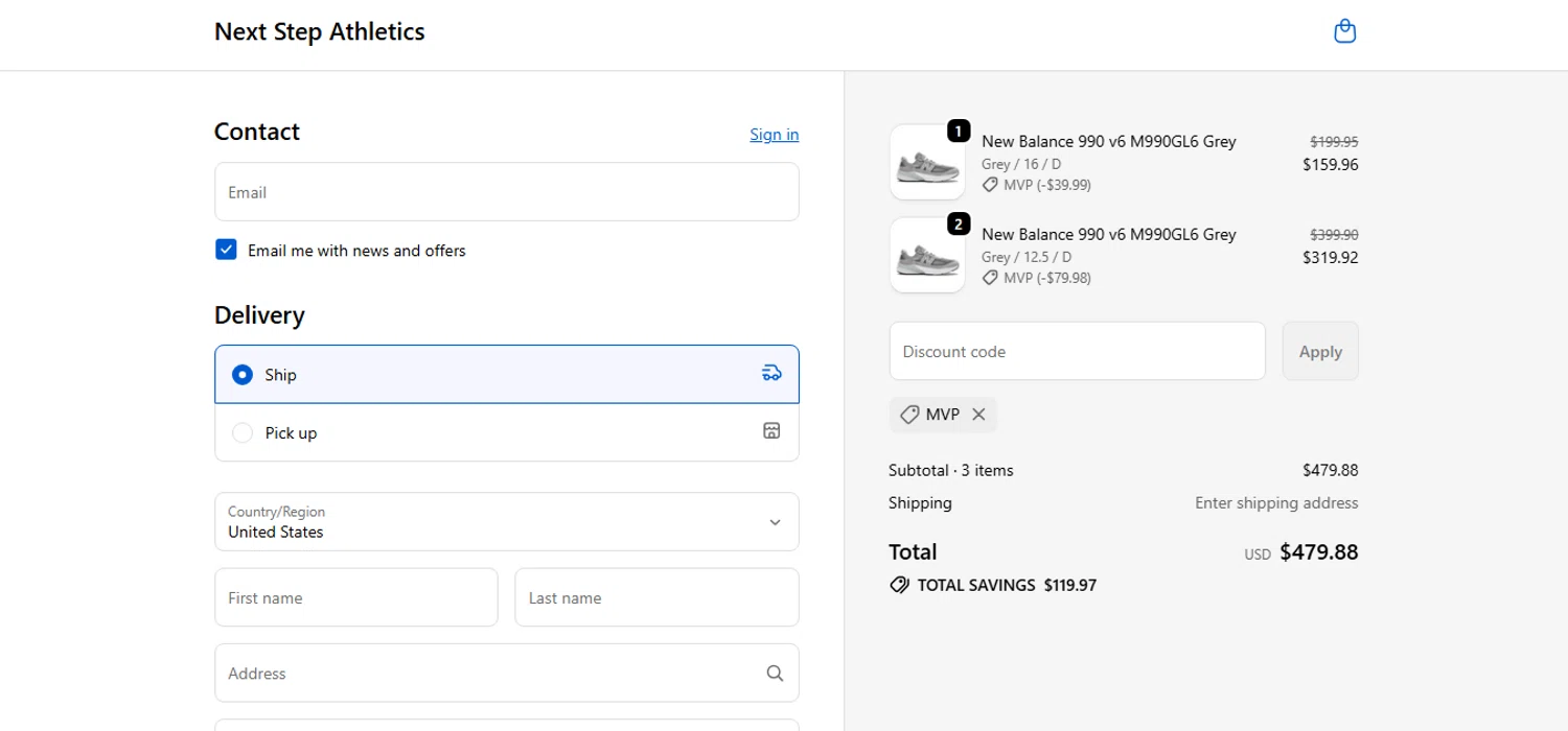 Next Step Athletics promo code screenshot showing code MVP applied at Next Step Athletics checkout page. Uploaded by SimplyCodes community member MoneyHunter5624 on Jan 1, 2026