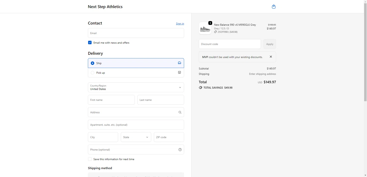 Next Step Athletics checkout page showing Next Step Athletics promo code box | Screenshot taken by SimplyCodes community member on Jan 24, 2026