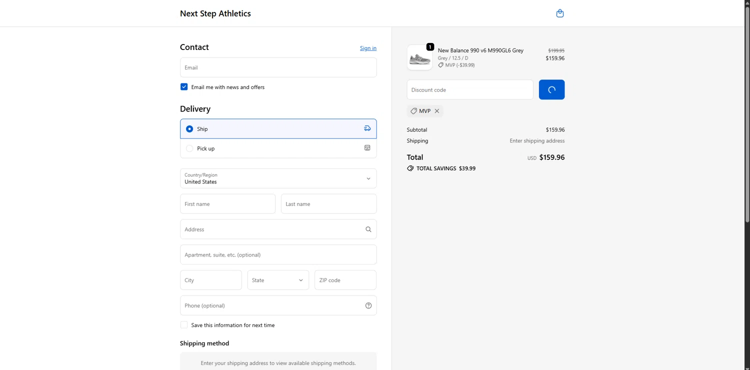 Next Step Athletics promo code screenshot showing code MVP applied at Next Step Athletics checkout page. Uploaded by SimplyCodes community member VoucherRanger9105 on Jan 1, 2026