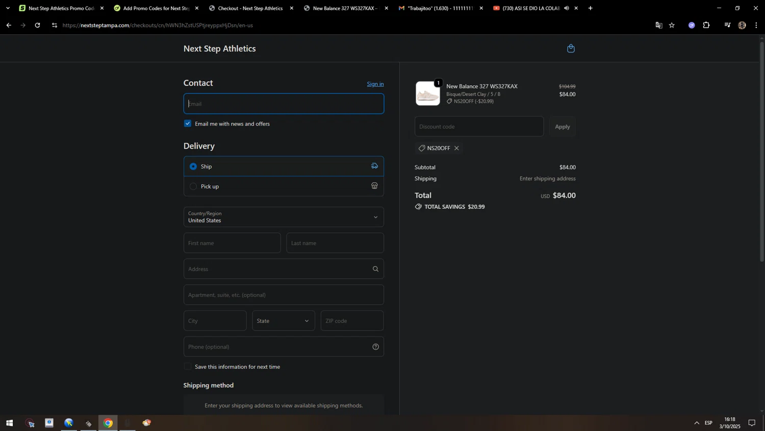 Next Step Athletics promo code screenshot showing code NS20OFF applied at Next Step Athletics checkout page. Uploaded by SimplyCodes community member MarcosAranguren on Oct 3, 2025