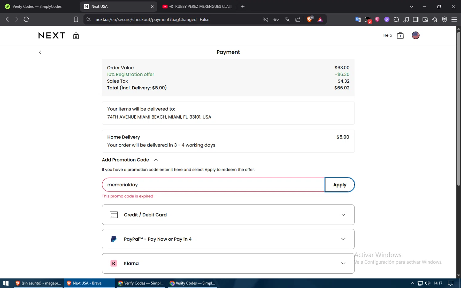Next USA promo code screenshot showing code memorialday applied at Next USA checkout page. Uploaded by SimplyCodes community member Voucher200 on Jun 22, 2025