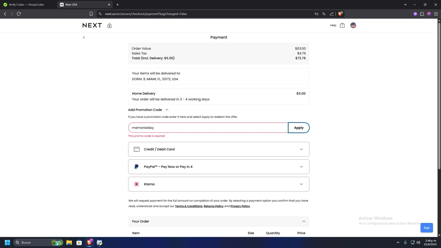 Next USA promo code screenshot showing code memorialday applied at Next USA checkout page. Uploaded by SimplyCodes community member INSECTOS on Jun 22, 2025