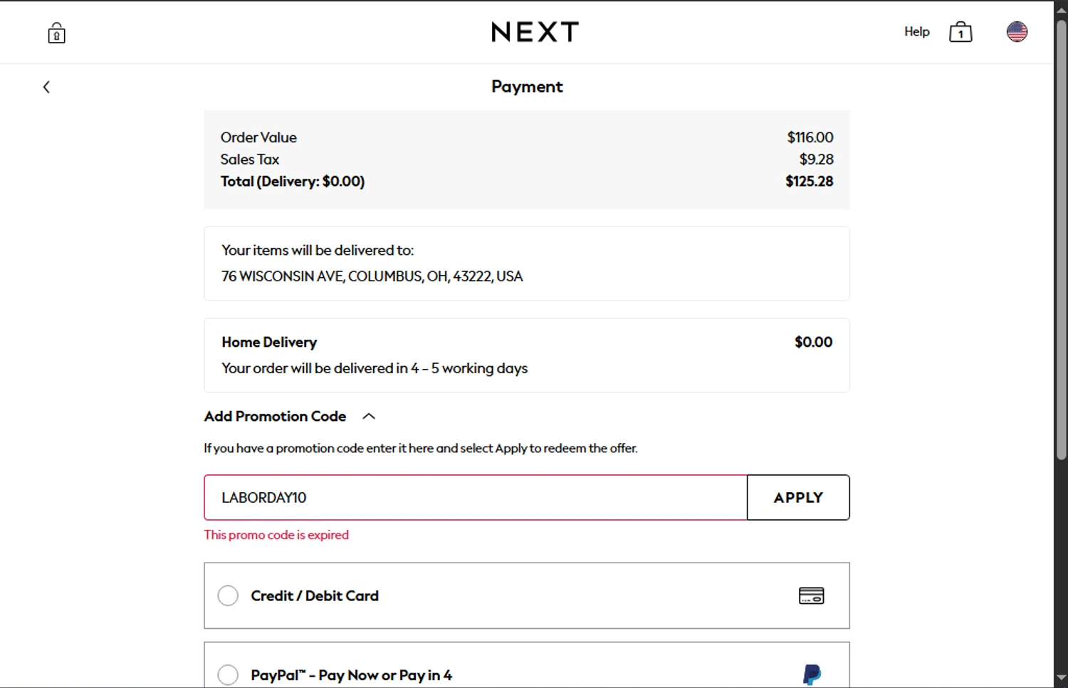 Next USA promo code screenshot showing code LABORDAY10 applied at Next USA checkout page. Uploaded by SimplyCodes community member EpicPilot2189 on Nov 18, 2025