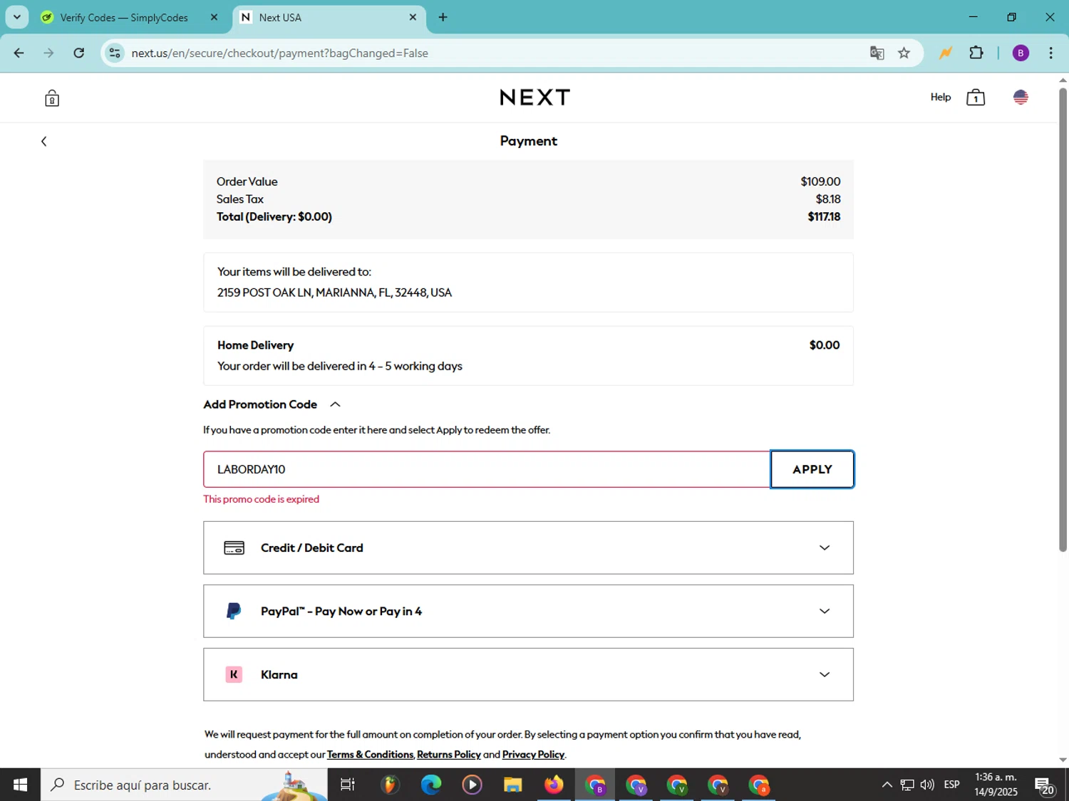 Next USA promo code screenshot showing code LABORDAY10 applied at Next USA checkout page. Uploaded by SimplyCodes community member Soyvictor on Sep 14, 2025