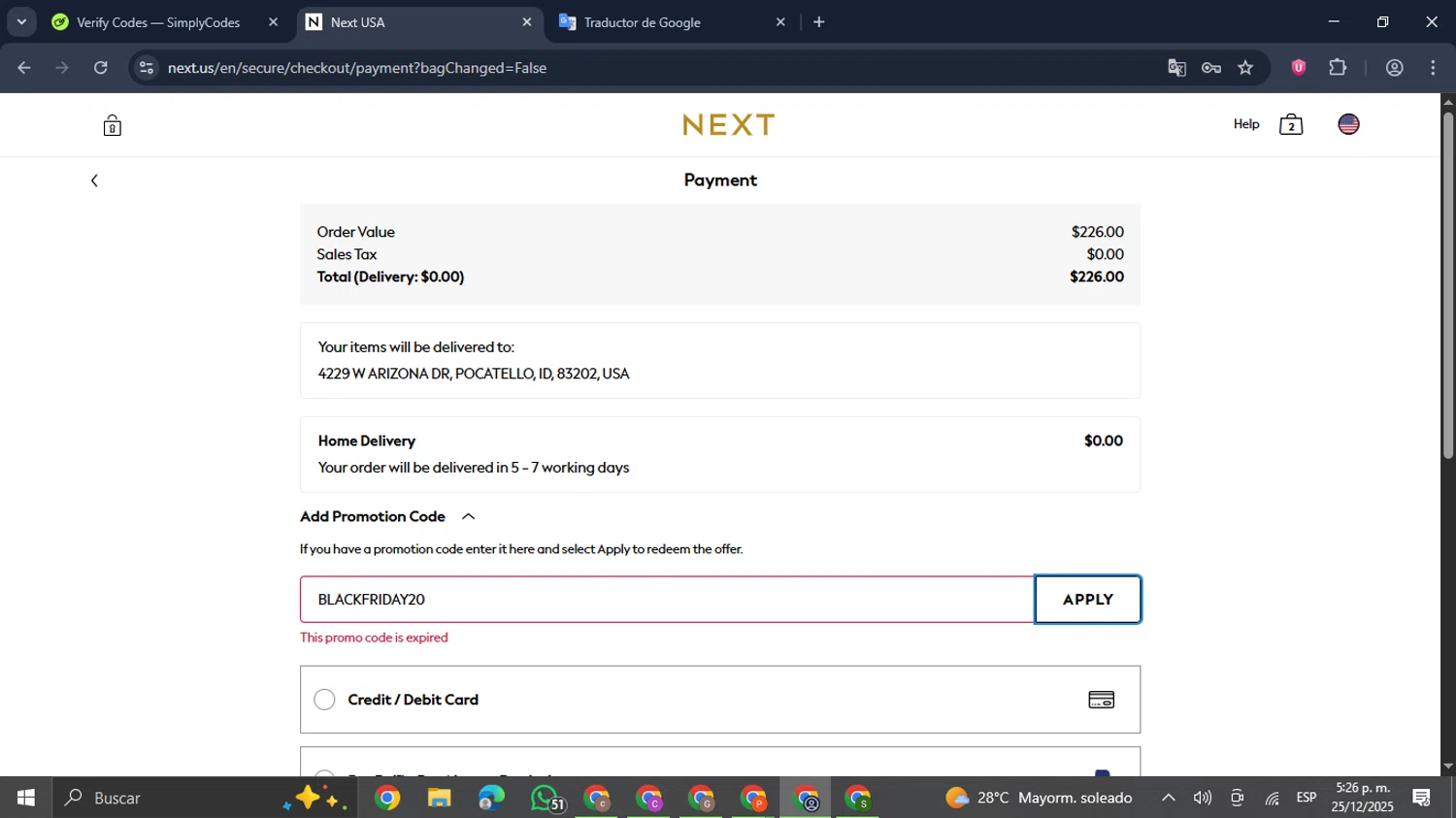 Next USA promo code screenshot showing code BLACKFRIDAY20 applied at Next USA checkout page. Uploaded by SimplyCodes community member GloriousDefender7889 on Dec 25, 2025