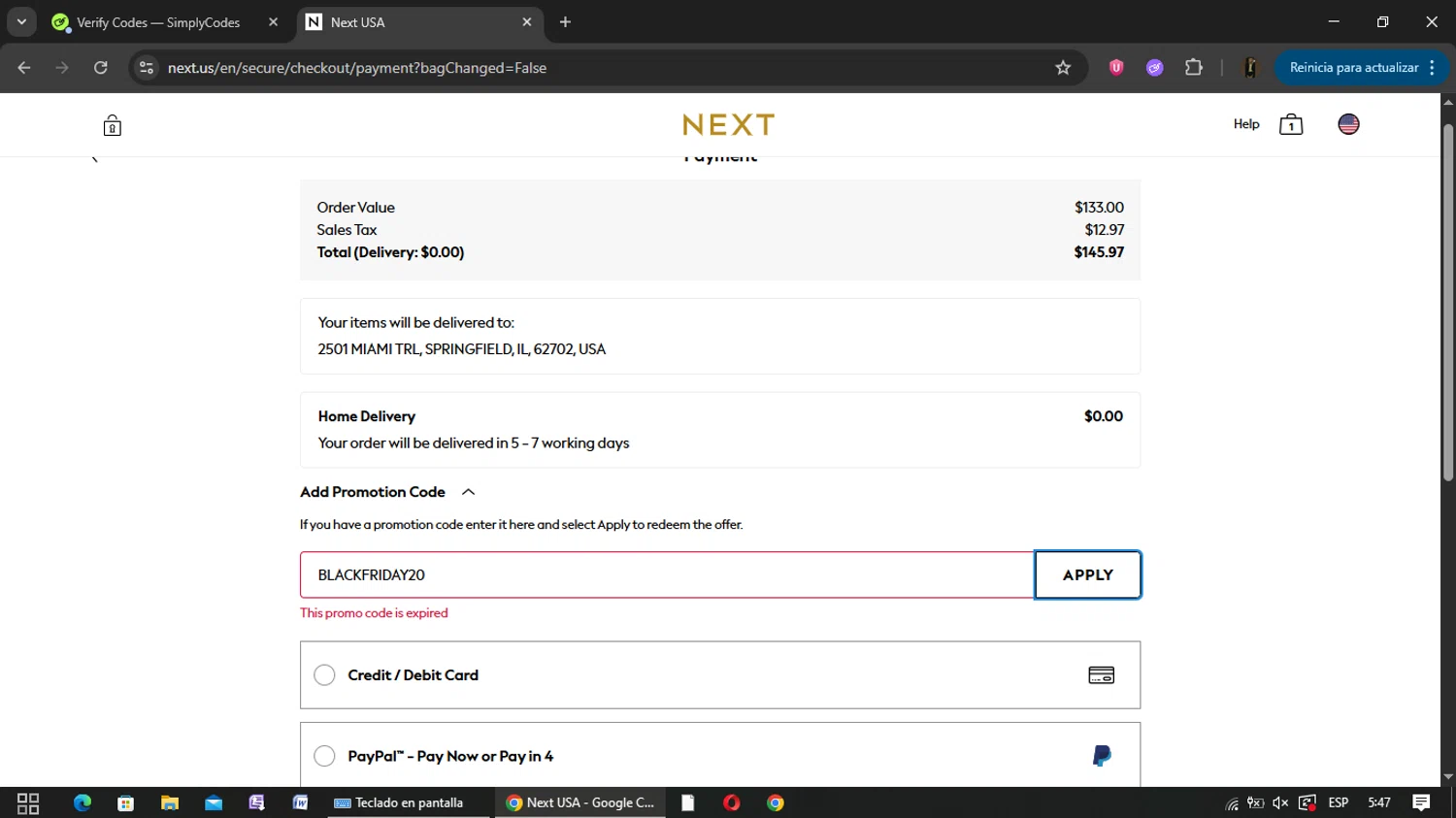Next USA promo code screenshot showing code BLACKFRIDAY20 applied at Next USA checkout page. Uploaded by SimplyCodes community member yisusgamer on Dec 25, 2025