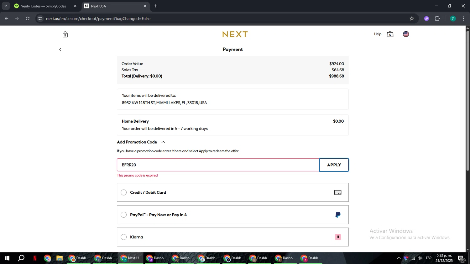 Next USA promo code screenshot showing code BFRR20 applied at Next USA checkout page. Uploaded by SimplyCodes community member FrugalCaptain6906 on Dec 25, 2025