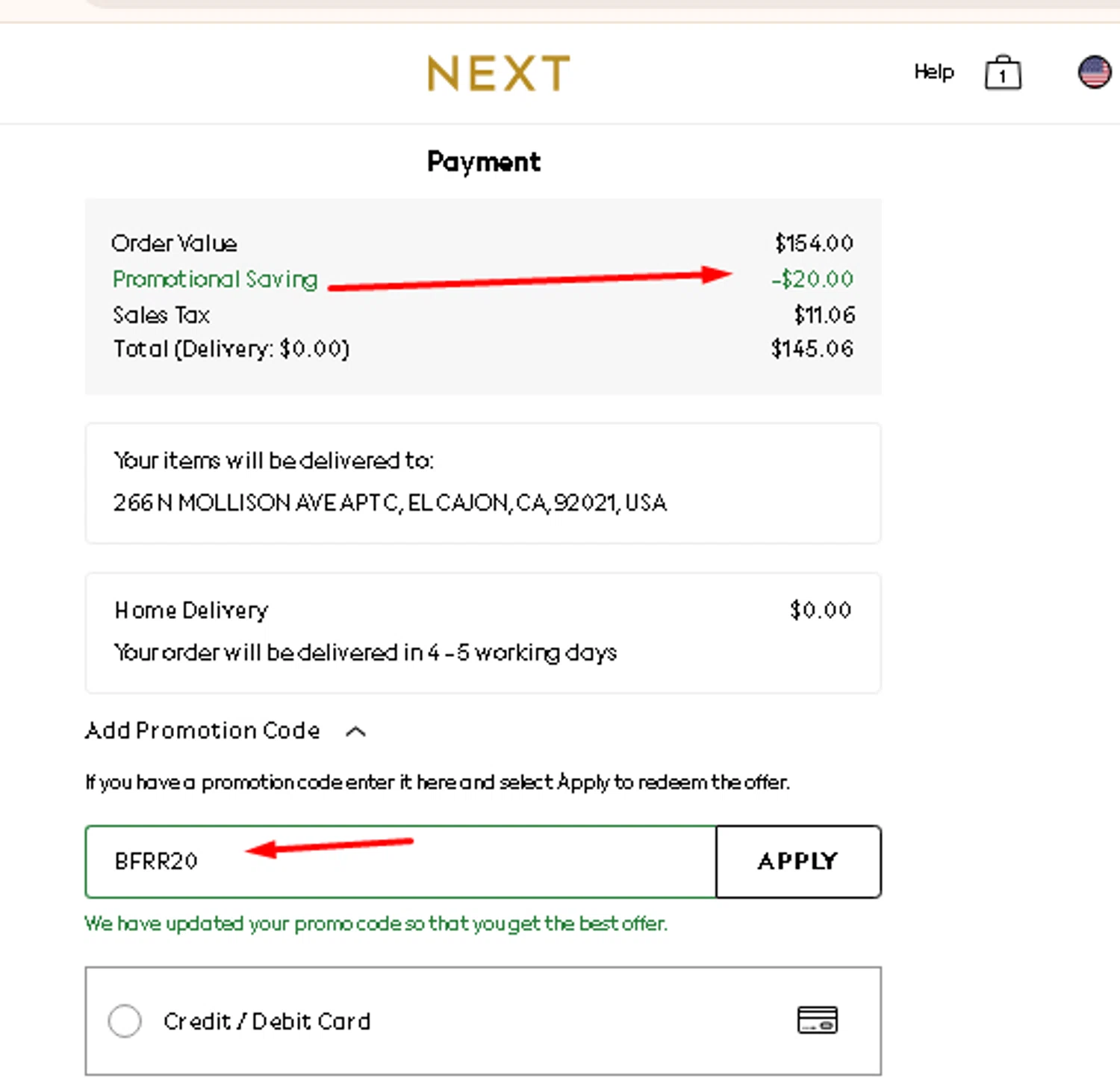 Next USA promo code screenshot showing code BFRR20 applied at Next USA checkout page. Uploaded by SimplyCodes community member AMANDA2681 on Nov 27, 2025