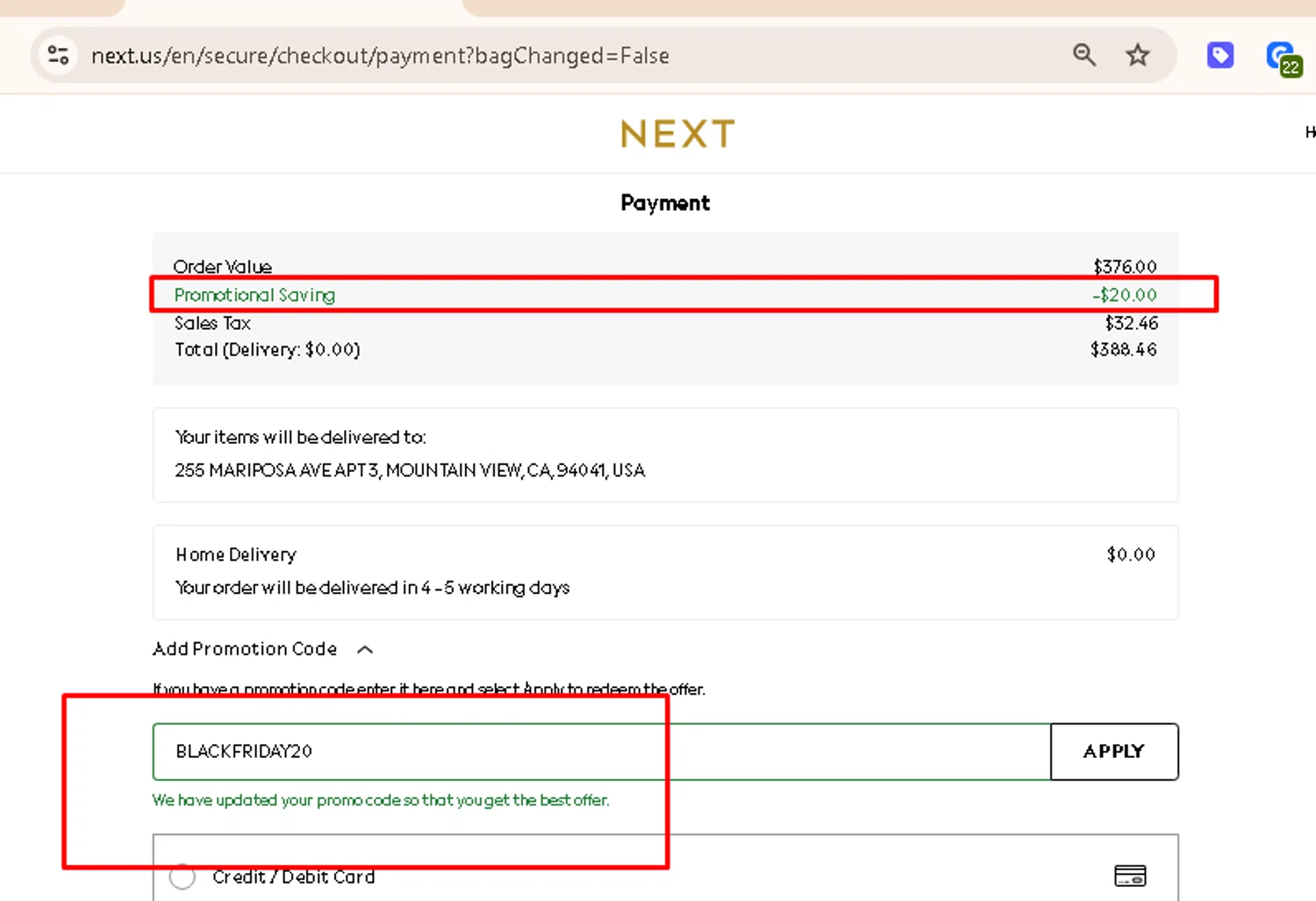 Next USA promo code screenshot showing code BLACKFRIDAY20 applied at Next USA checkout page. Uploaded by SimplyCodes community member AMANDA2681 on Nov 26, 2025