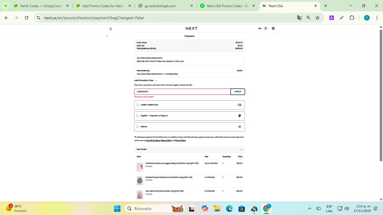 Next USA promo code screenshot showing code LABORDAY10 applied at Next USA checkout page. Uploaded by SimplyCodes community member yadiracg074 on Nov 17, 2025