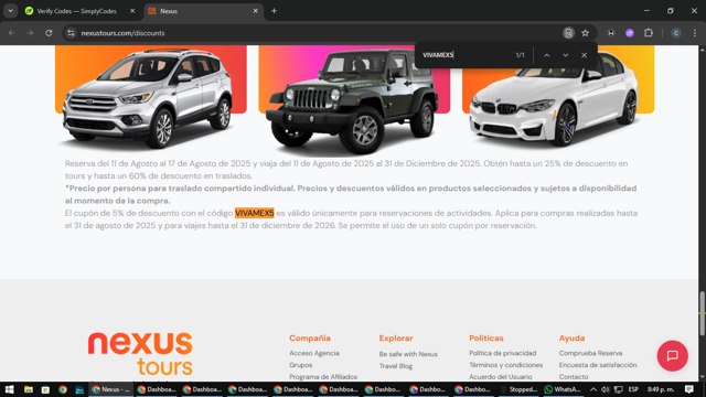 Nexus Tours checkout page showing Nexus Tours promo code box | Screenshot taken by SimplyCodes community member on Aug 14, 2025