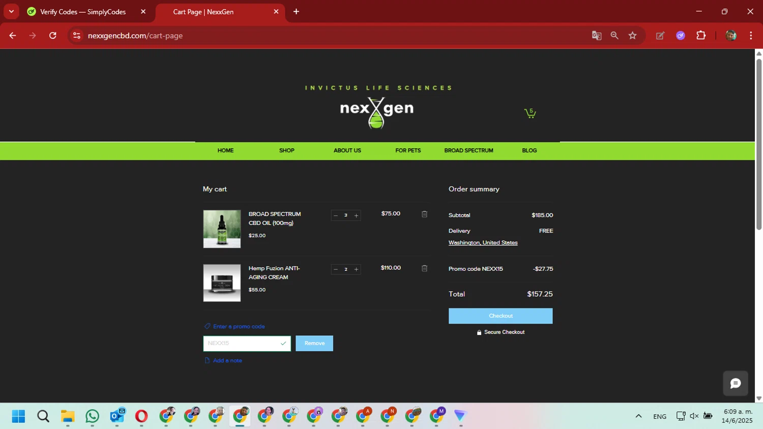 NexxGen promo code screenshot showing code NEXX15 applied at NexxGen checkout page. Uploaded by SimplyCodes community member David_Gut_Sonic on Jun 14, 2025