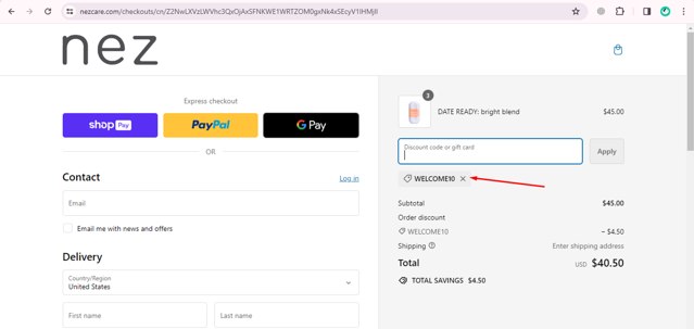 Nez checkout page showing Nez discount code box | Screenshot taken by SimplyCodes community member on Mar 22, 2024