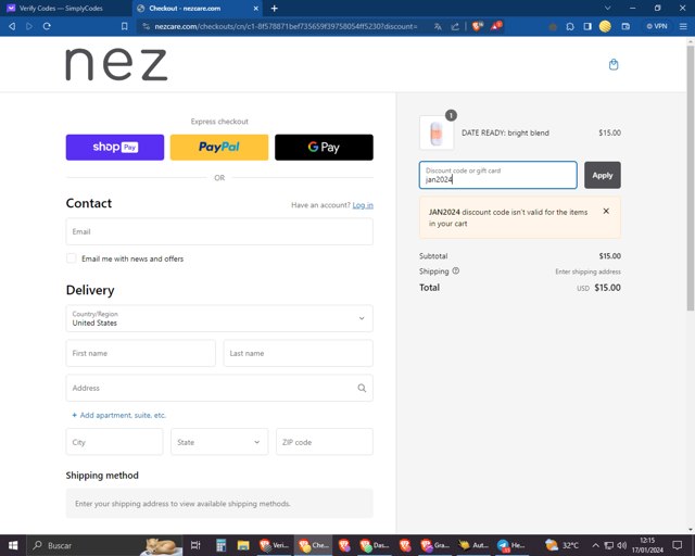 Nez checkout page showing Nez discount code box | Screenshot taken by SimplyCodes community member on Jan 17, 2024