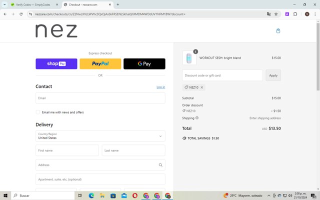 Nez checkout page showing Nez discount code box | Screenshot taken by SimplyCodes community member on Oct 21, 2024