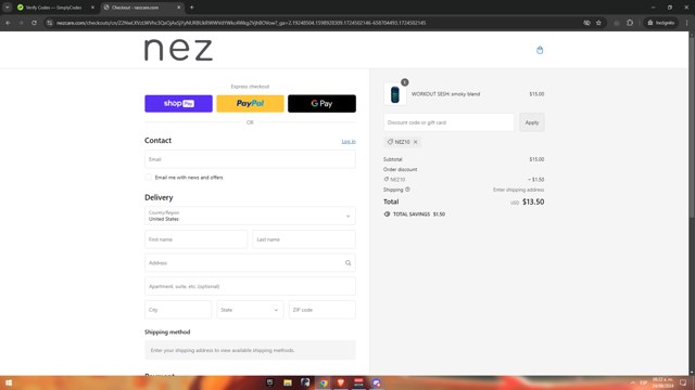 Nez checkout page showing Nez discount code box | Screenshot taken by SimplyCodes community member on Aug 24, 2024