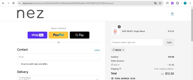 Nez checkout page showing Nez discount code box | Screenshot taken by SimplyCodes community member on Jun 12, 2024