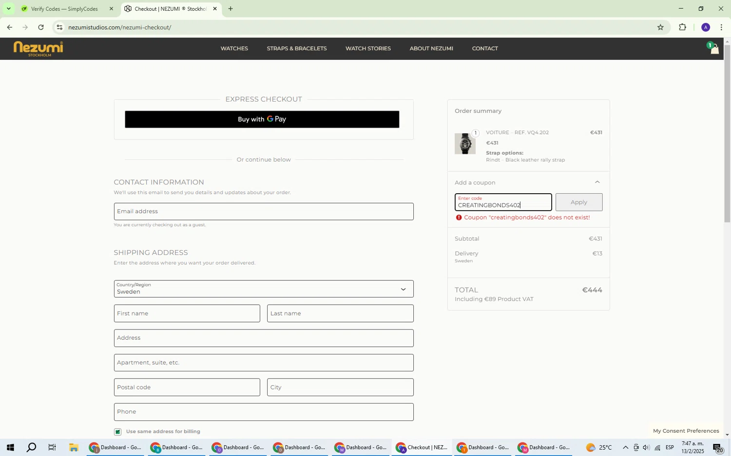 Nezumi Studios promo code screenshot showing code CREATINGBONDS402 applied at Nezumi Studios checkout page. Uploaded by SimplyCodes community member ThriftySentinel2853 on Feb 13, 2025