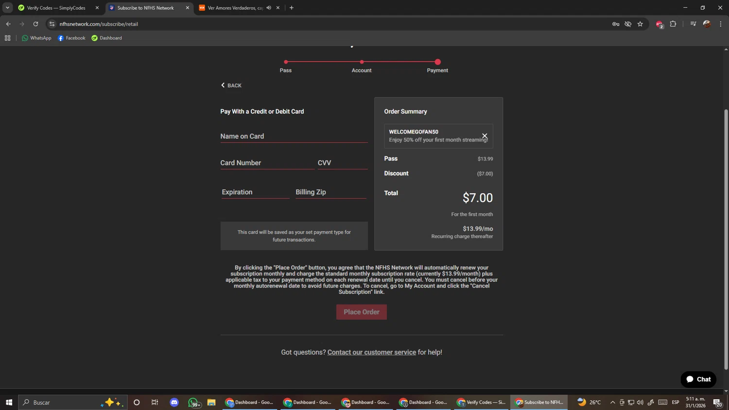 NFHS Network promo code screenshot showing code WELCOMEGOFAN50 applied at NFHS Network checkout page. Uploaded by SimplyCodes community member ScanShopper554 on Jan 31, 2026