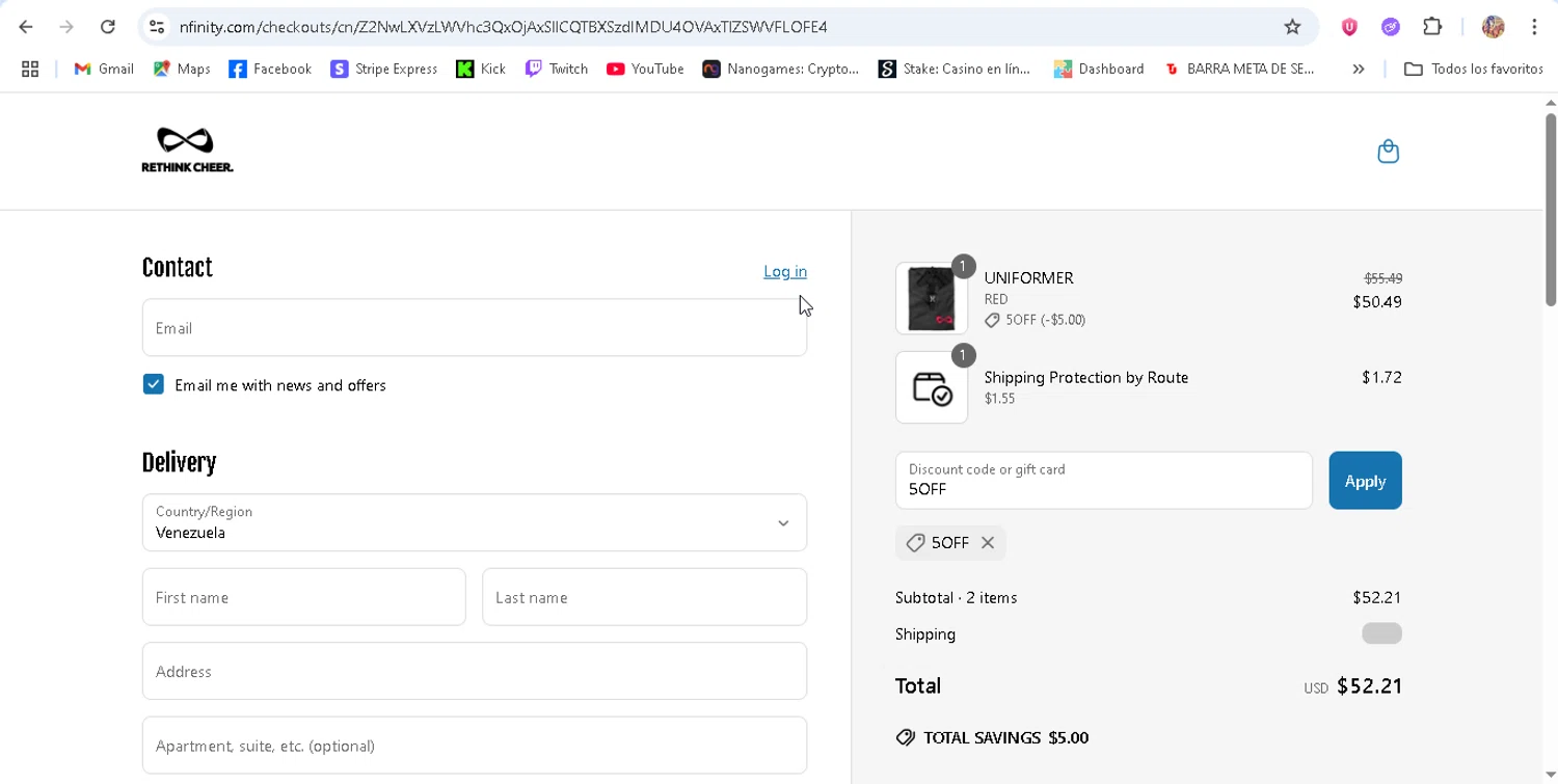 Nfinity coupon code screenshot showing code 5OFF applied at Nfinity checkout page. Uploaded by SimplyCodes community member ronaldhernandez on Jun 22, 2025