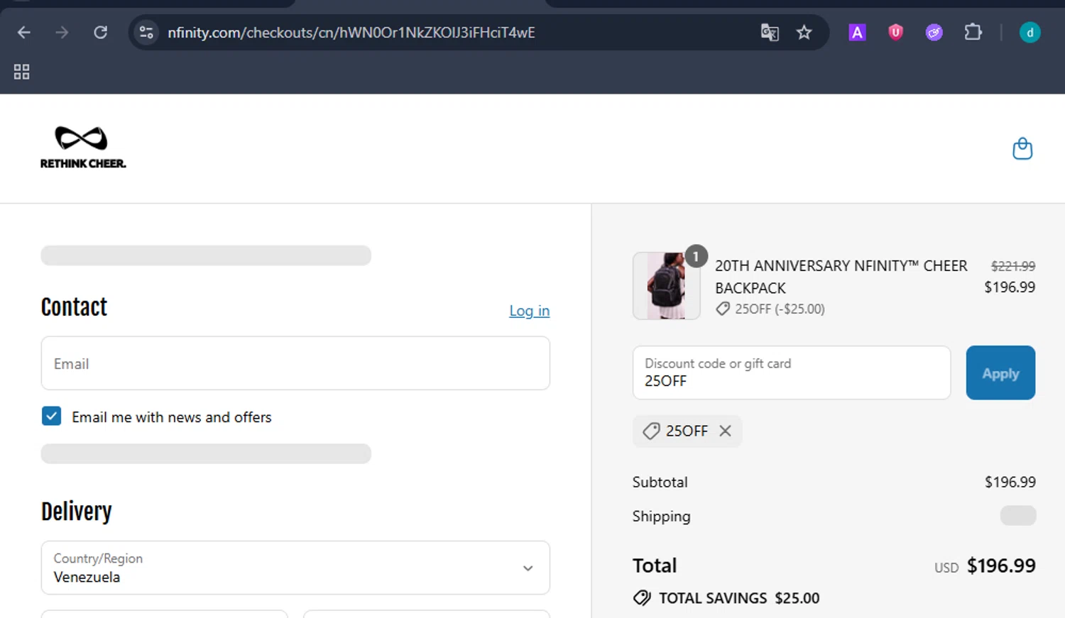 Nfinity coupon code screenshot showing code 25OFF applied at Nfinity checkout page. Uploaded by SimplyCodes community member DiscountHero6788 on Jul 8, 2025