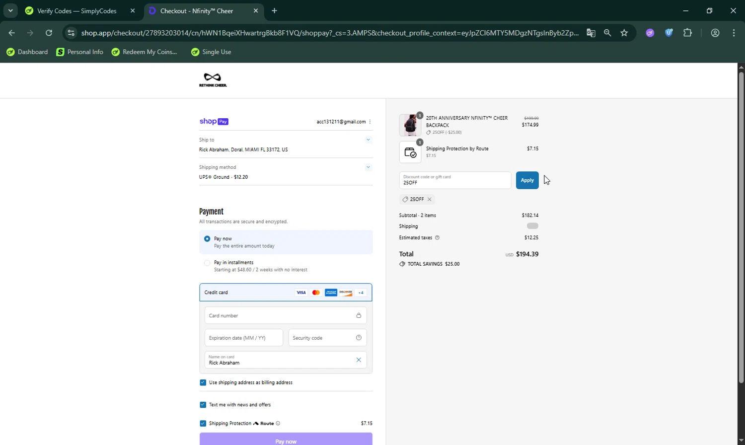 Nfinity coupon code screenshot showing code 25OFF applied at Nfinity checkout page. Uploaded by SimplyCodes community member LHaunter on Jul 29, 2025