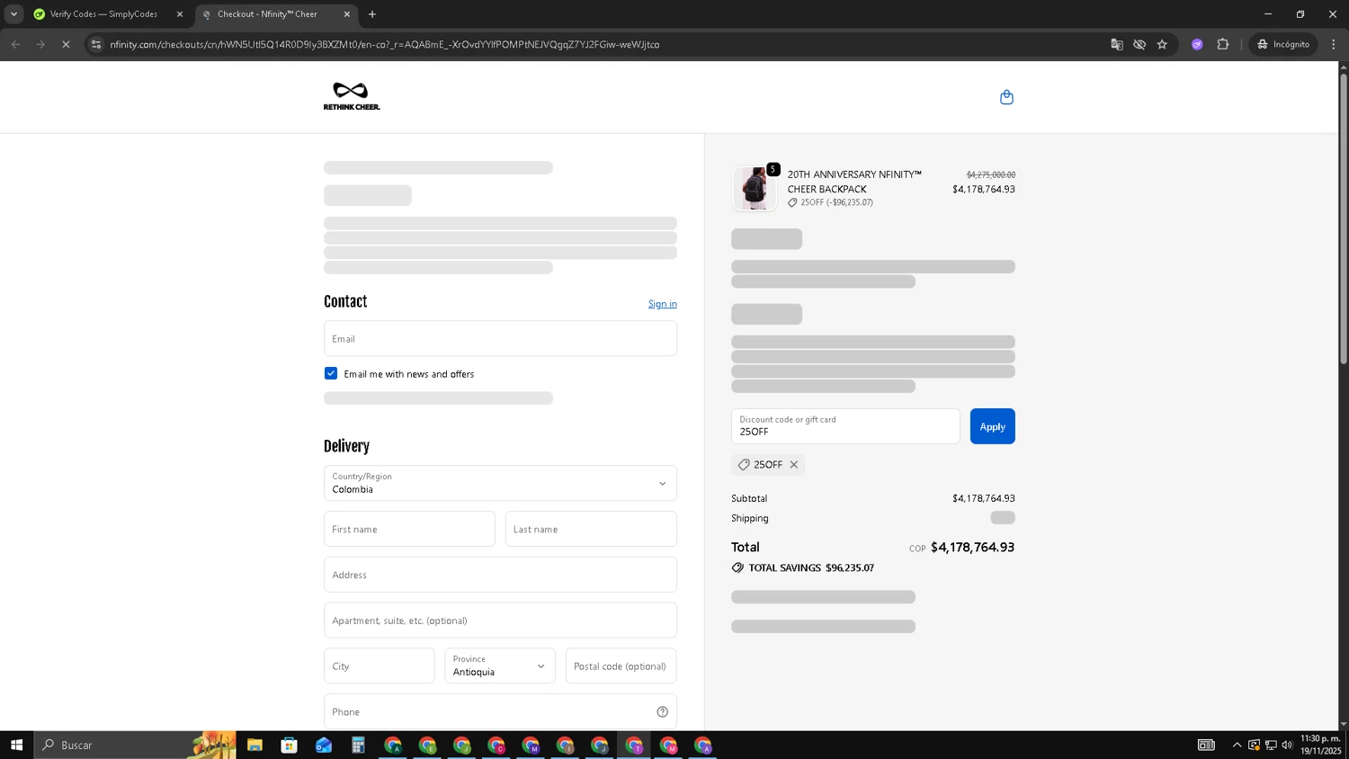 Nfinity coupon code screenshot showing code 25OFF applied at Nfinity checkout page. Uploaded by SimplyCodes community member ShrewdSleuth9497 on Nov 20, 2025