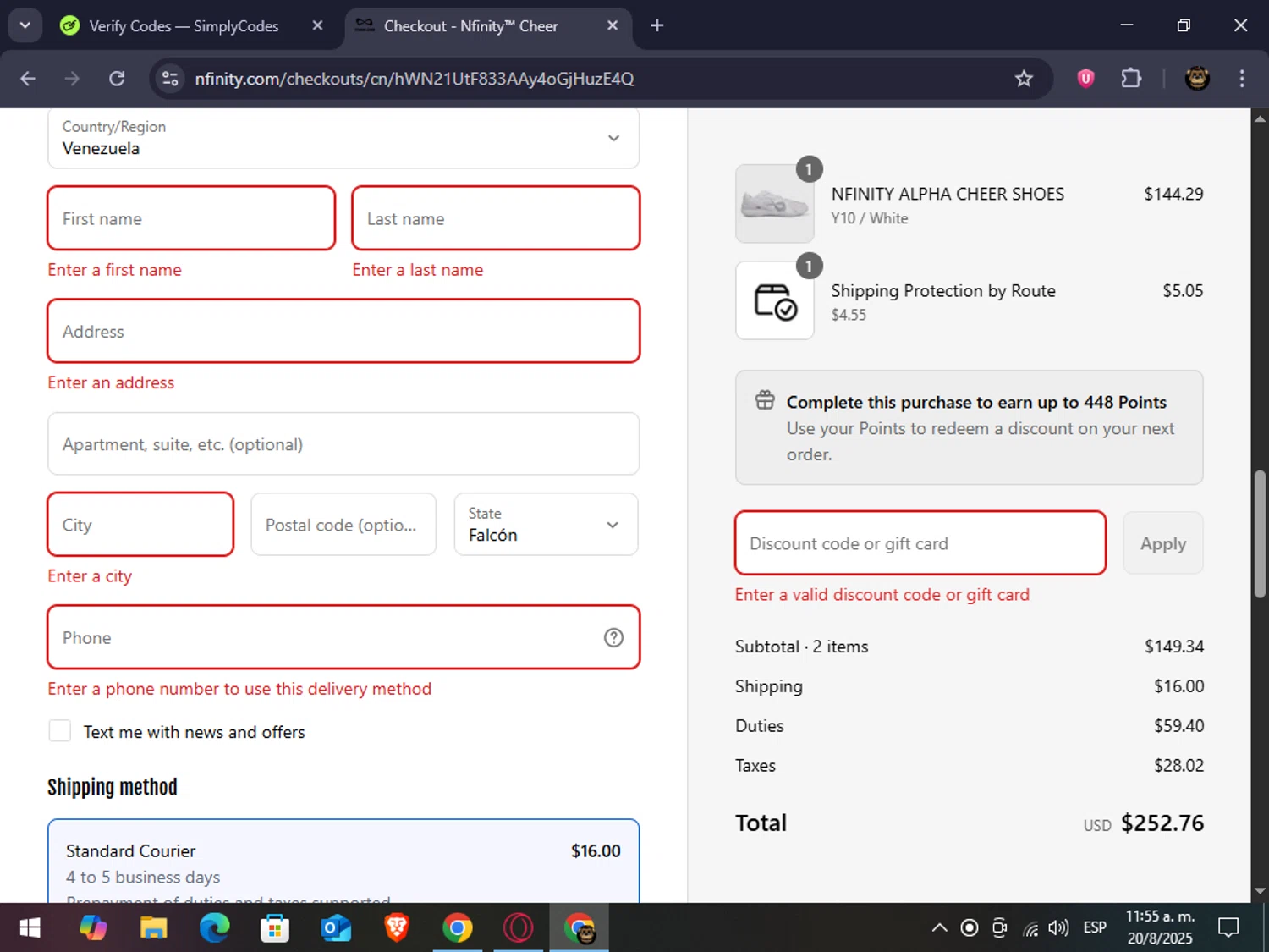 Nfinity coupon code screenshot showing code FREESHIP2MTCNRBH applied at Nfinity checkout page. Uploaded by SimplyCodes community member abrahanv on Aug 20, 2025