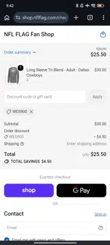 NFL FLAG Shop coupon verification screenshot