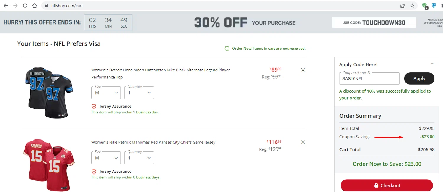 NFL+ coupon code screenshot showing code SAS10NFL applied at NFL+ checkout page. Uploaded by SimplyCodes community member EMILIANOMASABE on Sep 28, 2024