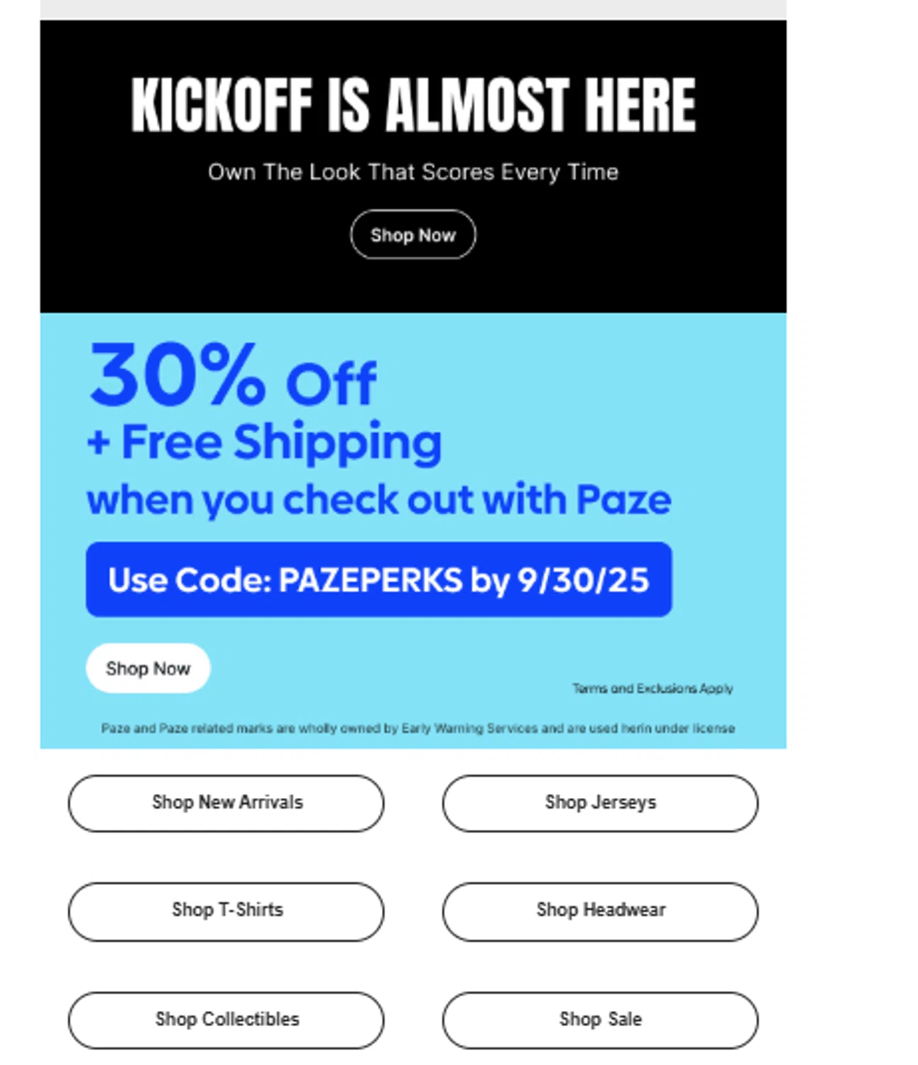 NFLShop.com promo code screenshot showing code PAZEPERKS applied at NFLShop.com checkout page. Uploaded by SimplyCodes community member ______ on Aug 19, 2025
