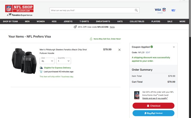 NFLShop.com checkout page showing NFLShop.com promo code box | Screenshot taken by SimplyCodes community member on Aug 16, 2025