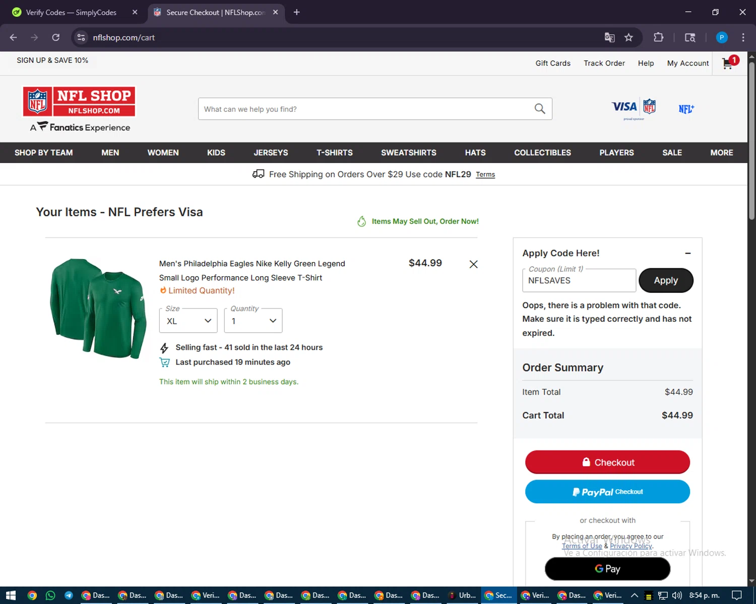 NFLShop.com promo code screenshot showing code nflsaves applied at NFLShop.com checkout page. Uploaded by SimplyCodes community member juiceWRLD on Aug 27, 2025