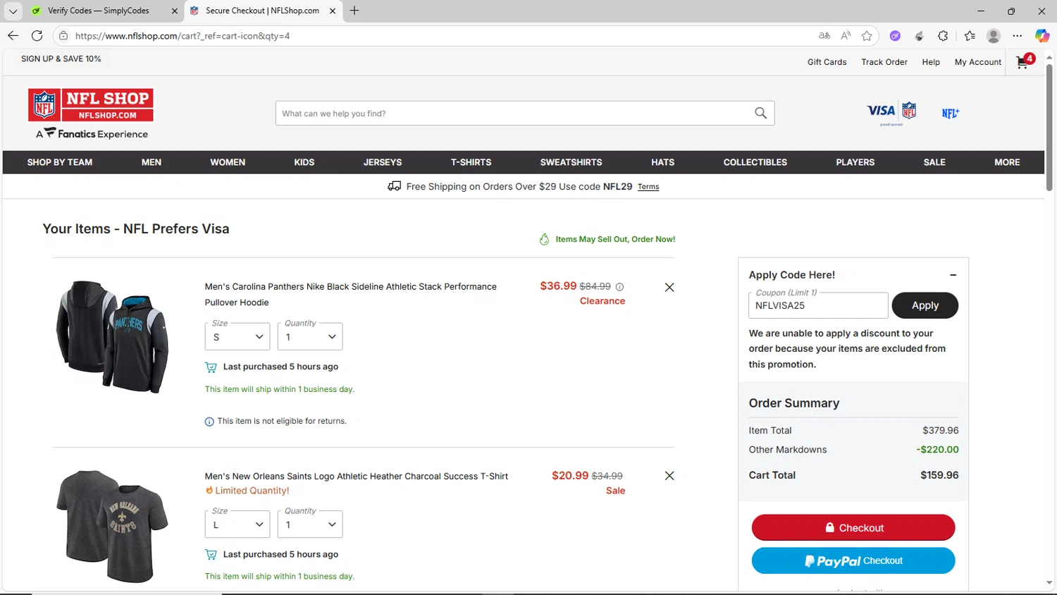 NFLShop.com promo code screenshot showing code NFLVISA25 applied at NFLShop.com checkout page. Uploaded by SimplyCodes community member CrownShopper2899 on Jul 19, 2025