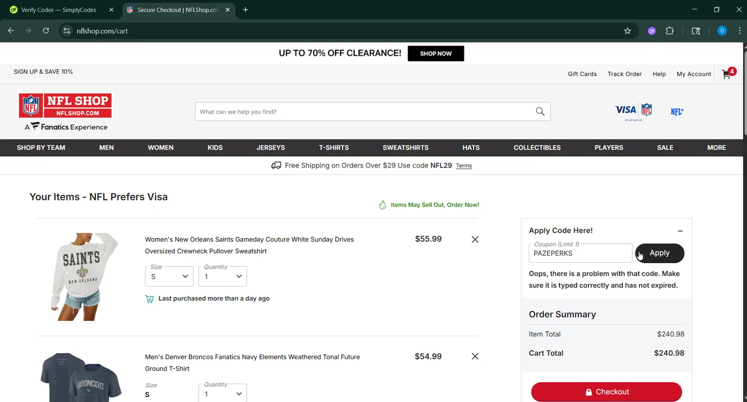 NFLShop.com promo code screenshot showing code PAZEPERKS applied at NFLShop.com checkout page. Uploaded by SimplyCodes community member _____________ on Jul 10, 2025