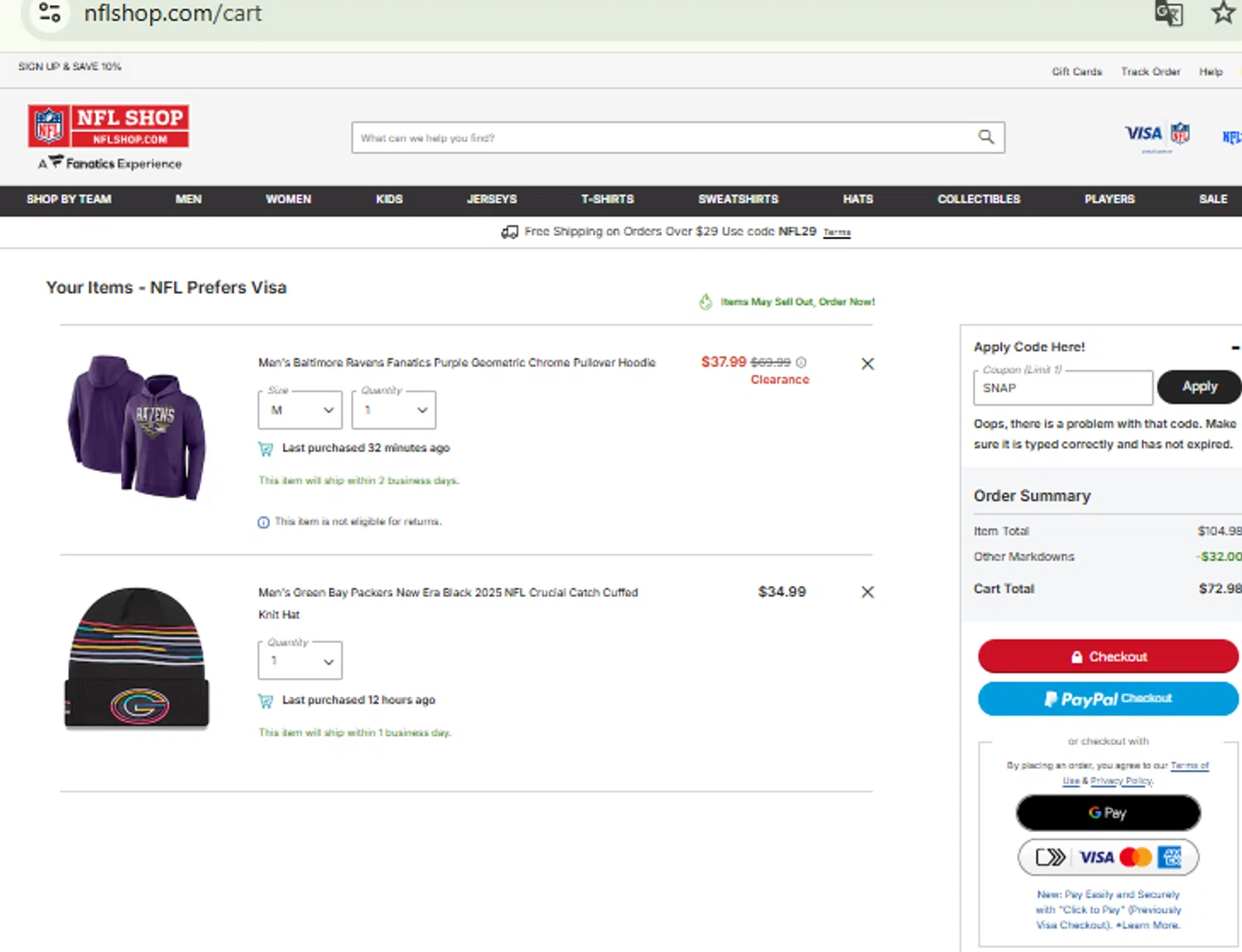 NFLShop.com promo code screenshot showing code SNAP applied at NFLShop.com checkout page. Uploaded by SimplyCodes community member CashMaestro9337 on Aug 27, 2025
