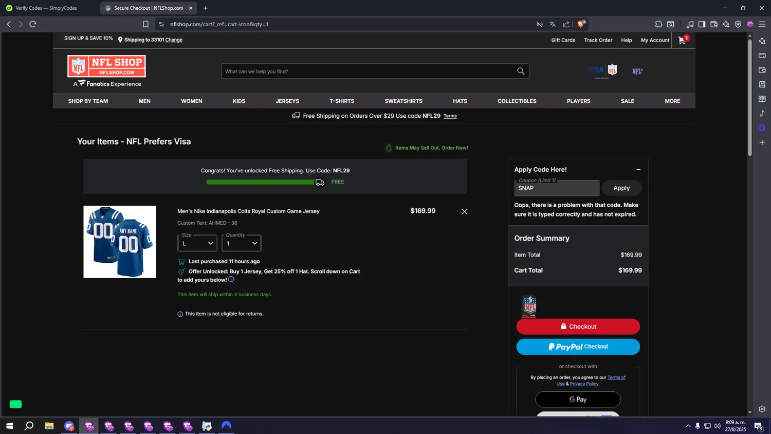 NFLShop.com promo code screenshot showing code SNAP applied at NFLShop.com checkout page. Uploaded by SimplyCodes community member SpeeDFast on Aug 27, 2025