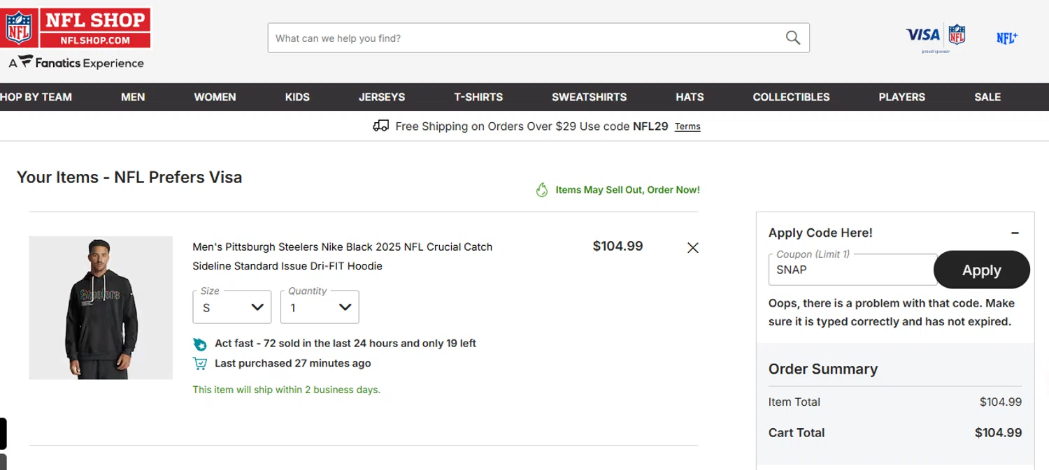 NFLShop.com promo code screenshot showing code SNAP applied at NFLShop.com checkout page. Uploaded by SimplyCodes community member ThornPrincess on Aug 27, 2025