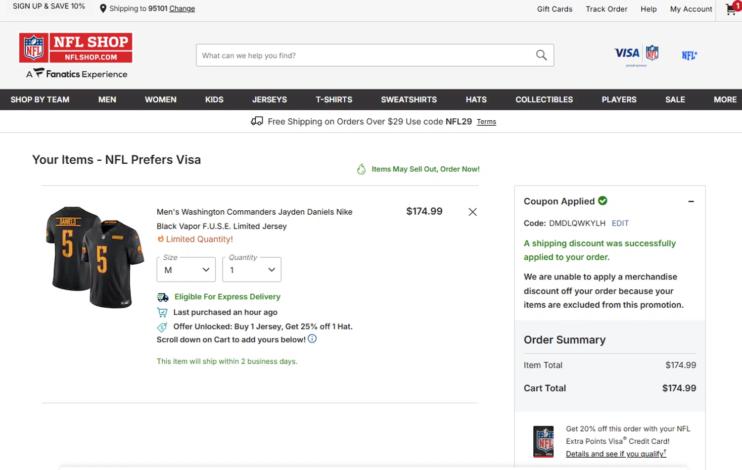 NFLShop.com promo code screenshot showing code DMDLQWKYLH applied at NFLShop.com checkout page. Uploaded by SimplyCodes community member Espaguetticonpollo on Aug 20, 2025