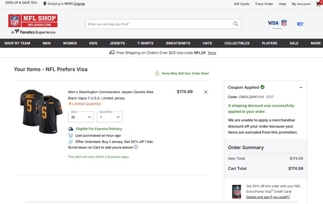 NFLShop.com checkout page showing NFLShop.com promo code box | Screenshot taken by SimplyCodes community member on Aug 20, 2025