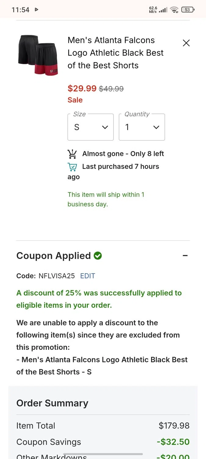NFLShop.com promo code screenshot showing code NFLVISA25 applied at NFLShop.com checkout page. Uploaded by SimplyCodes community member Esteban14 on Jun 27, 2025