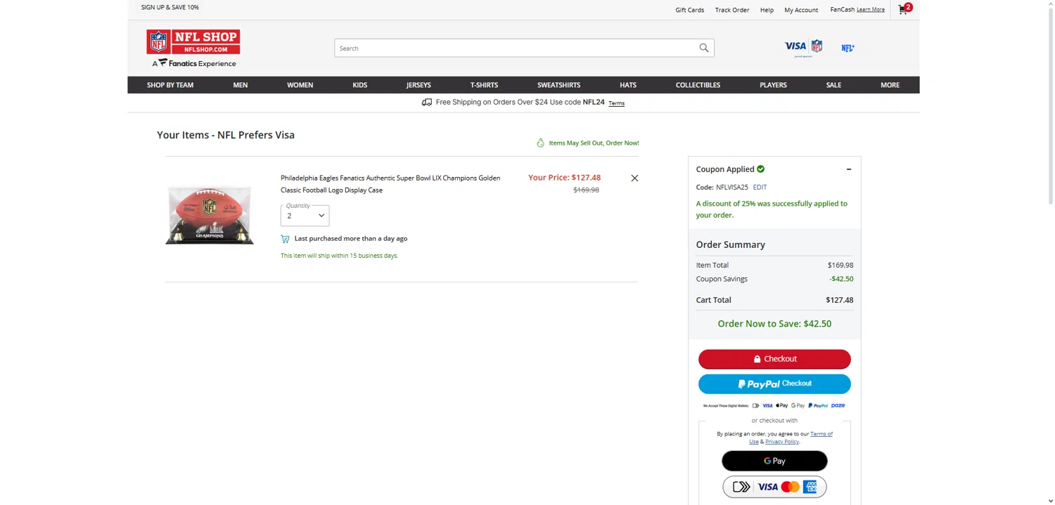 NFLShop.com promo code screenshot showing code NFLVISA25 applied at NFLShop.com checkout page. Uploaded by SimplyCodes community member User404 on Apr 28, 2025