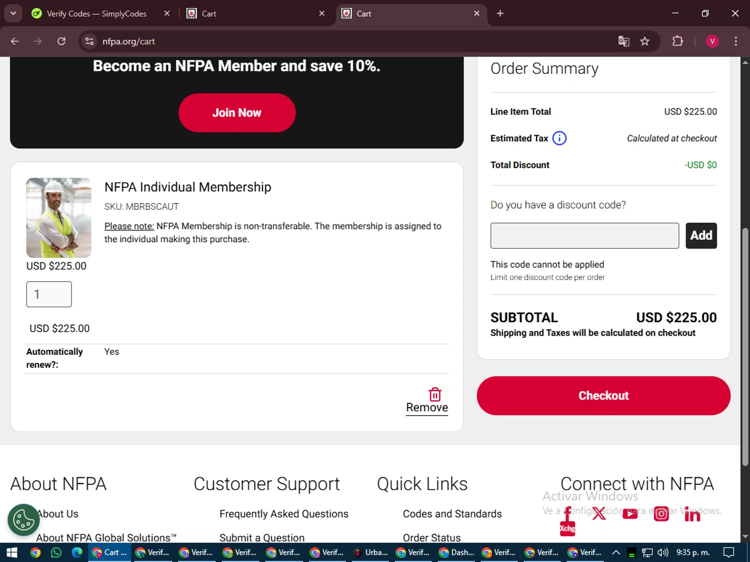 NFPA discount code screenshot showing code WELCOME10 applied at NFPA checkout page. Uploaded by SimplyCodes community member ShieldEagle6102 on Jul 25, 2025